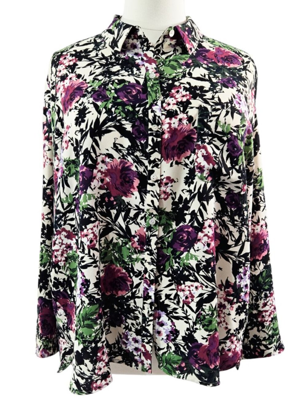 J. Jill Cream Black Floral Crepe Button-Up Shirt Artsy Bloomcore Colorful